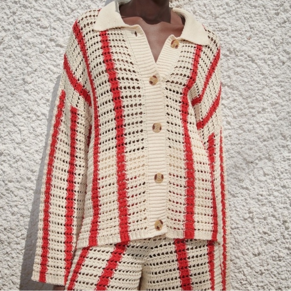 Zara Crochet Cardigan, buttons, beige/ red, striped, NWOT, M - Picture 4 of 6